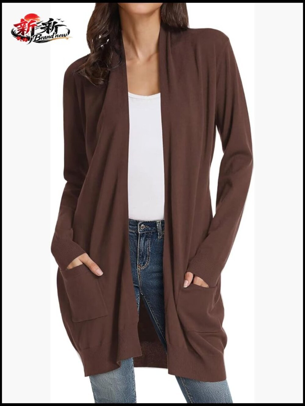 V-Neck Long Cardigan Open Front Lightweight Knit with Pockets